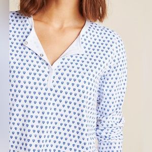 Roller Rabbit White Long-Sleeve Henley Pajama Top with Blue Heart Print